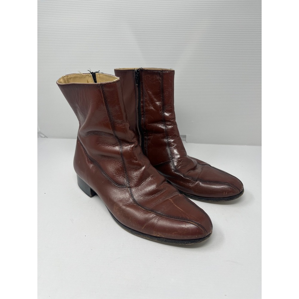 VTG 1970s Brown Leather Side Zip Ankle Boots Beatle Mod Mens 9 D B4014 India